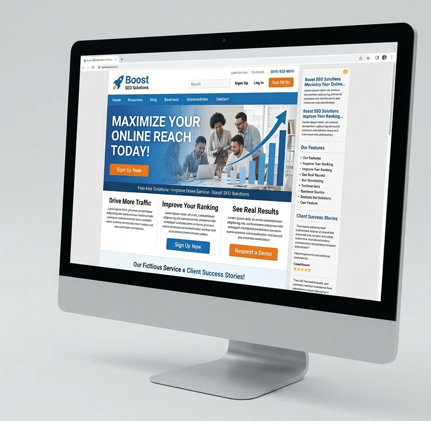 Desktop computer showing Boost SEO Solutions webpage with options to sign up and request a demo