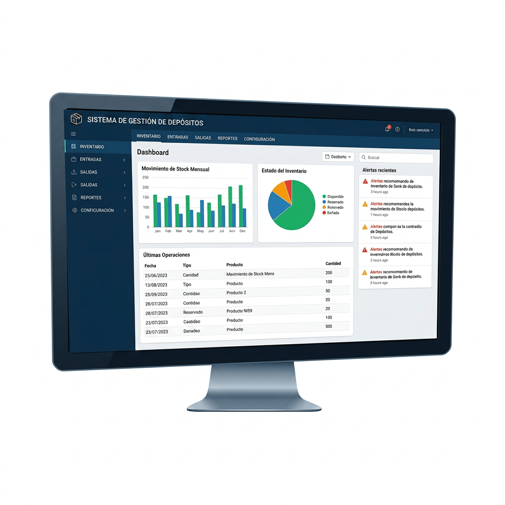 Computer screen displaying warehouse inventory management dashboard with charts and recent alerts